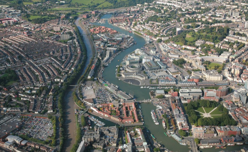 Aerial view over Bristol Harbourside, the New Cut and surrounding areas